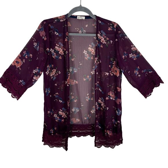 MASON & BELLE Tops - Mason & Belle Burgundy Floral 3/4 Sleeve Sheer Open Crochet Trim Blouse Size S